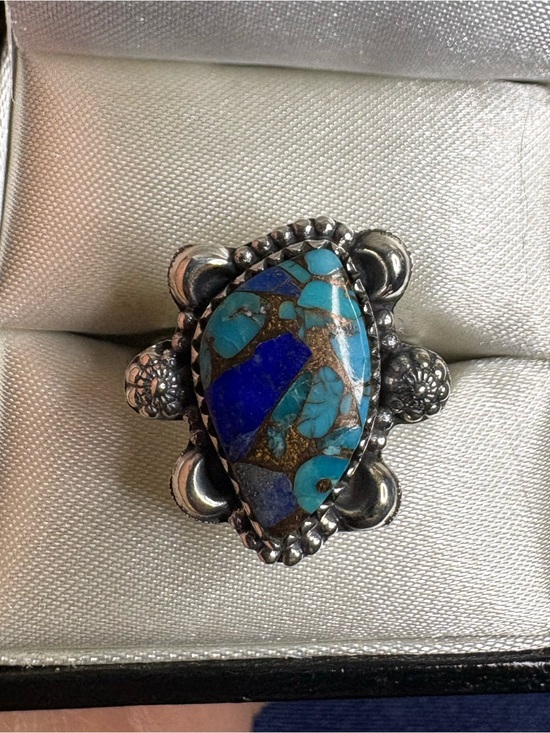 925 Sterling Silver Jewelry - Ring Blue Dahlia Turquoise and Lapis Mosaic 925 Sterling Silver Floral Southwest